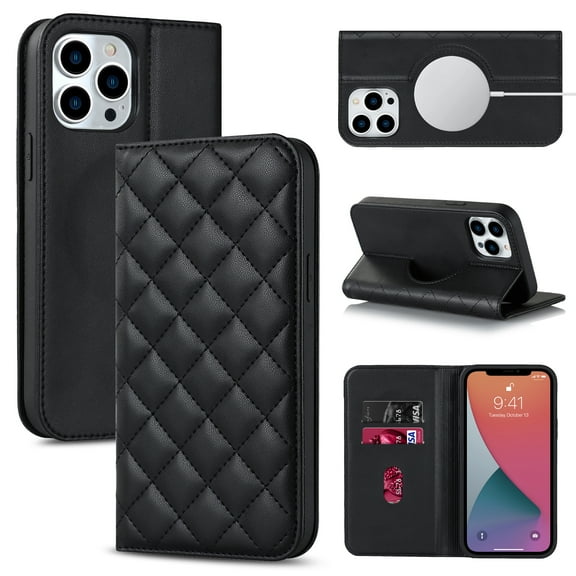 Wallet Case for iPhone 12 Pro 6.1 inch, Luxury Quilted PU Leather Flip Cover [Shockproof TPU] [Support Wireless Charging] with 2 Card Slots, Kickstand, FRID Blocking Case Cover, Black