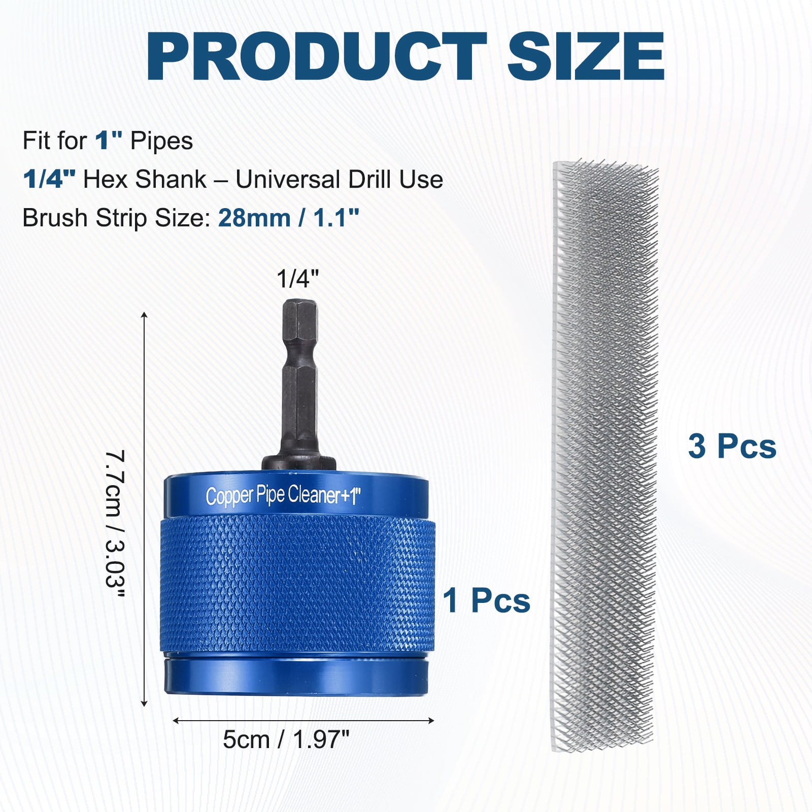 Uxcell 1" 1/4" Metal Copper Pipe Cleaner Set, Hex Shank Drill Powered Pipe Brush Replacement Plumbing Tools with 3 Brushes for Removing Dust Rust Copper Various Metal Pipes, Blue