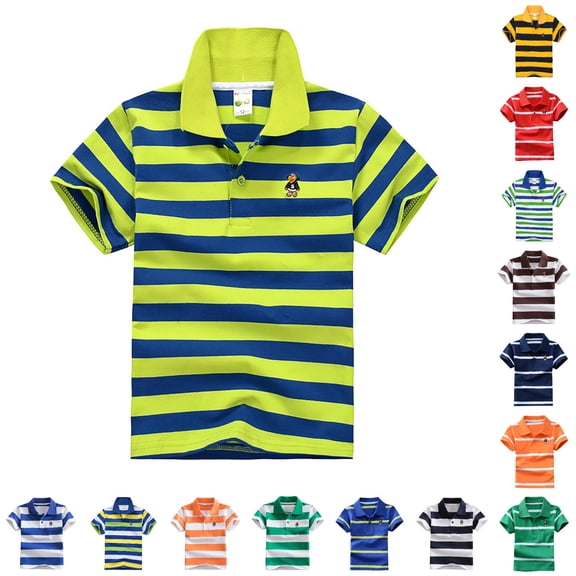 HNMKIU Boys Striped Short Sleeve Polo Shirt Button Closure Soft Kids Top Casual Comfortable Summer Tops c-Green,8-9 Years