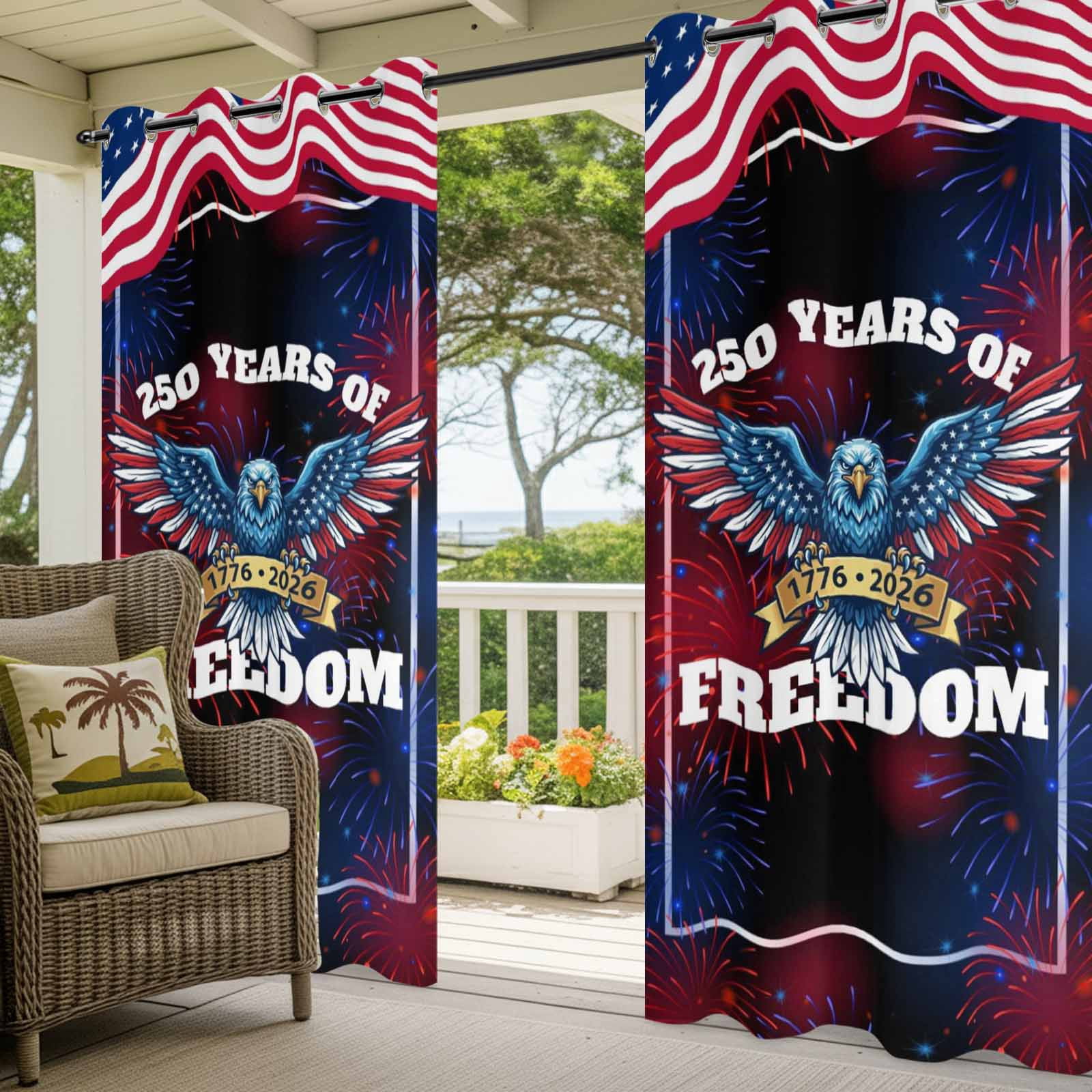 Independence Day Outdoor Curtains for Patio, 250 YEARS OF FREEDOM Cartoon Bald Eagle Sunshade Privacy Drapes Grommet Waterproof Outside Curtains for Porch/Cabana/Balcony 54"x 108", 1 Panel