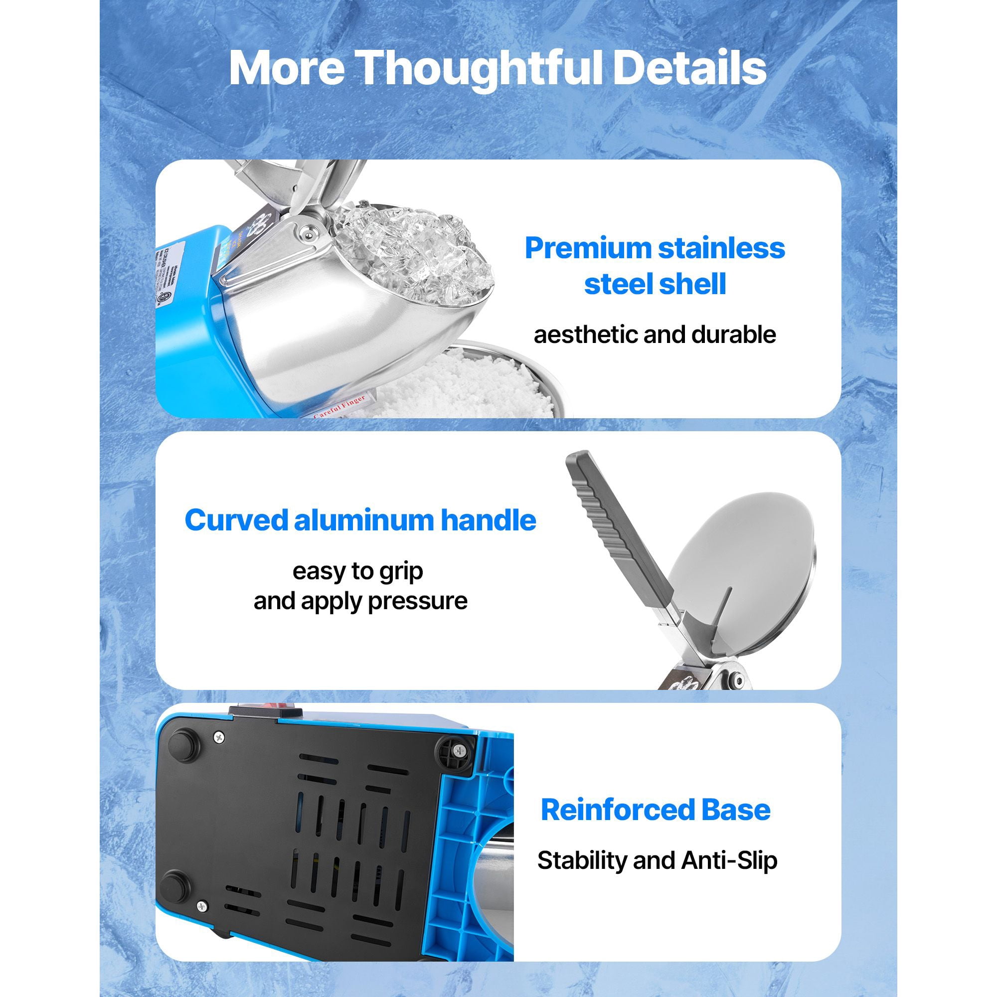 Ice Crusher Machine 286 lbs/h, 300W, 4 Stainless Steel Blades, 2000 RPM, Blue, for Home Commercial Shaved Ice Snow Cones