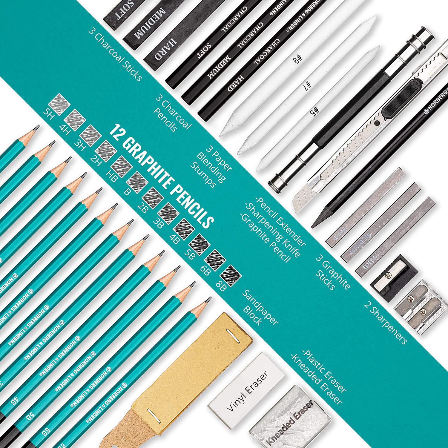Ziggy V 33 Piece Professional Art Kit Drawing Pencils with Sketch Kit, Free Sketchpad, Charcoal Pencils, Graphite Pencils, Erasers with Kit Bag