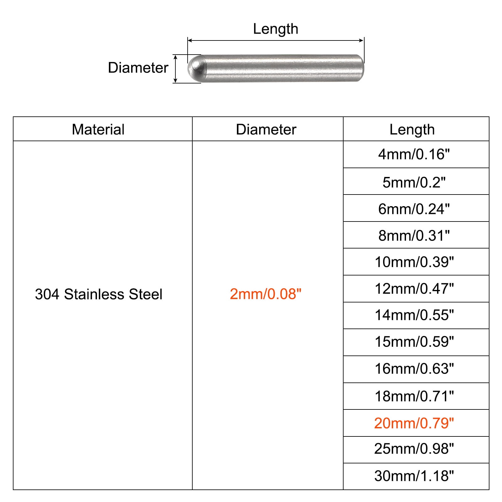 Unique Bargains 304 Stainless Steel Round Head Flat Chamfered End Dowel Pins 0.08"x 0.79"