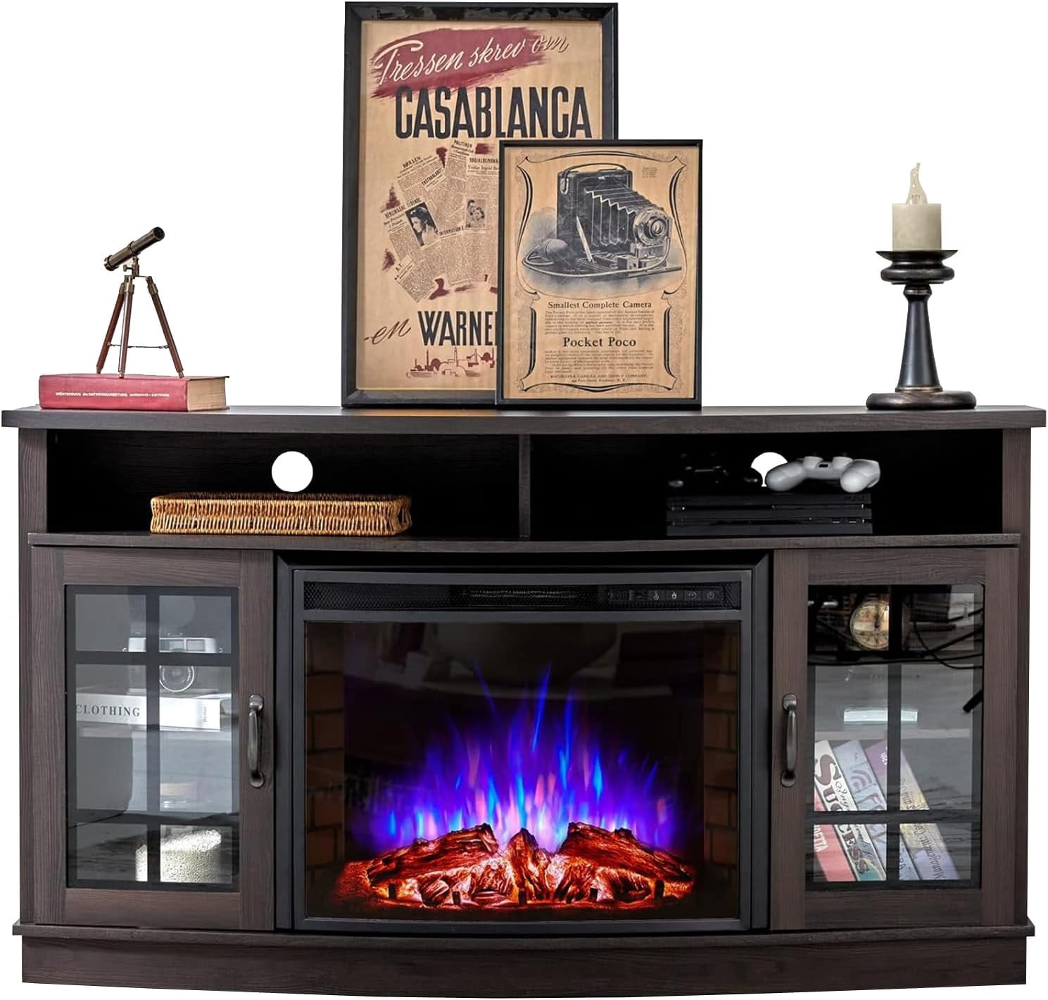 VANACC Curved Fireplace TV Stand with 26" Fireplace, Console Table for TVs up to 65", Espresso