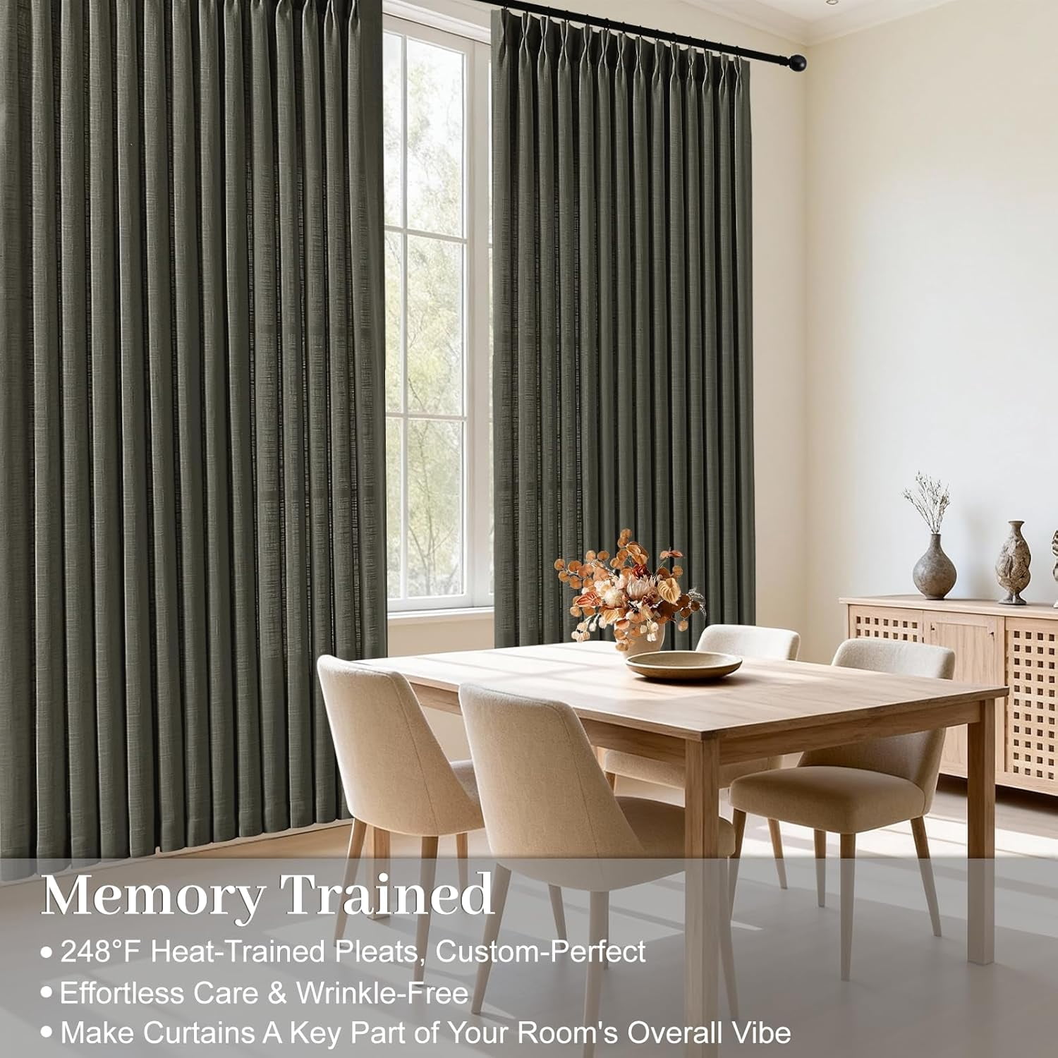 Nalqet Pinch Pleated Linen Curtains 84 inch Length 2 Panels Set, Light Filtering Linen Blend Sheer Drapes Memory Trained Pleated Curtain Back Tab with Hooks Rings for Living Room Bedroom, Dark Grey