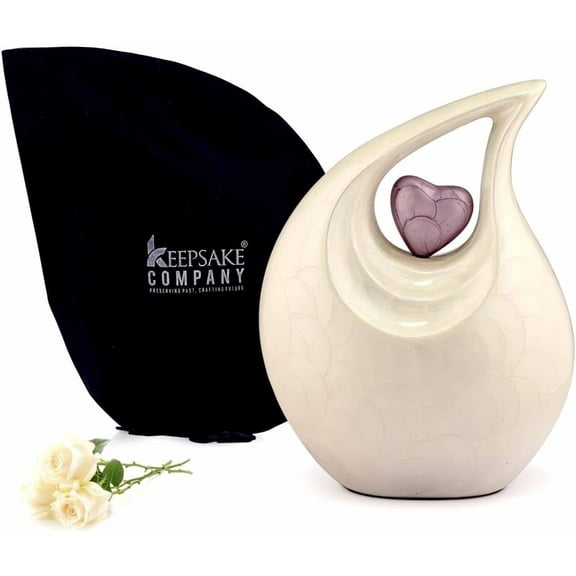 Teardrop Urn Large, Adult White with Purple Heart for Human Ashes Male - Urns for Adult Men and Women - Cremation Urns for Ash, Funeral/Burial Urns, Decorative and Keepsake ERN, Heart Yearn, 2.5 LTR