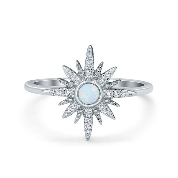 Cluster Starburst Opal Ring Round Lab Created White Opal 925 Sterling Silver Size 5