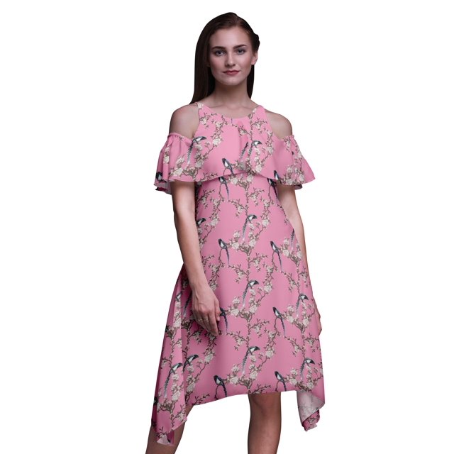 Bimba Pink Bird Print Womens Chic Style Cold Shoulder Shift Dress Summer Tunic - Large