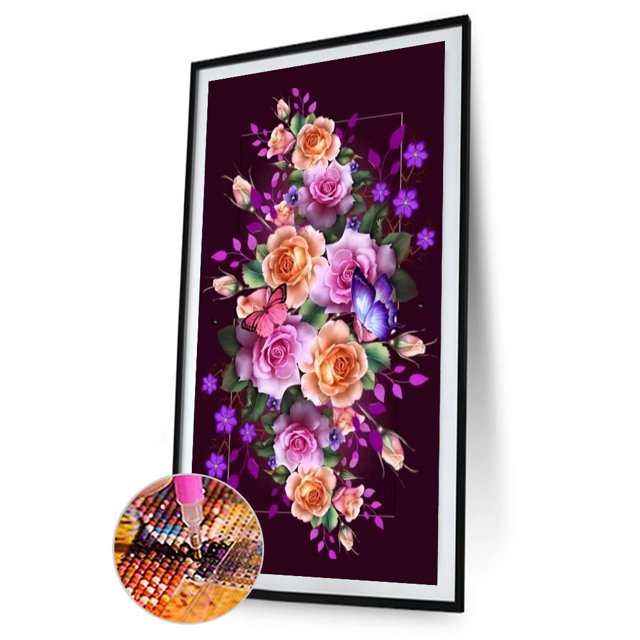 Cuadros Decorativos Kit de pintura de diamante 5D, flor, mariposa, taladro redondo completo, juego de arte DIY de diamantes de imitación Tmvgtek embutido en tela