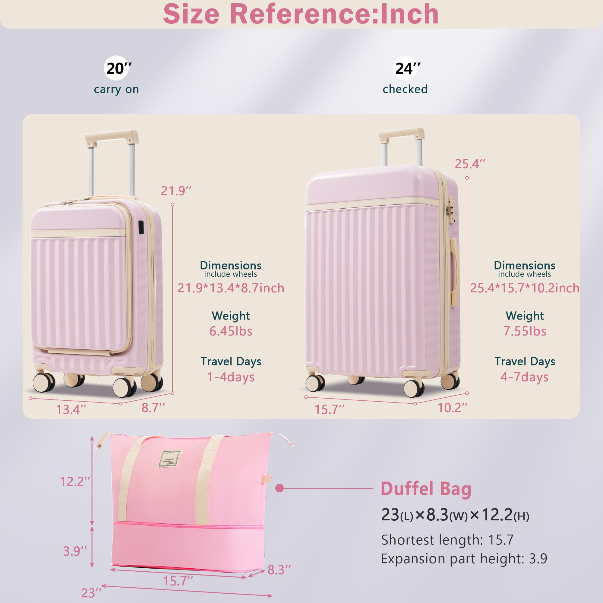 MAYEERTY 3-Piece Luggage Set: Front Opening 20" with USB Port+ Expandable 24" Hardside Suitcase + Tote Bag, Pink
