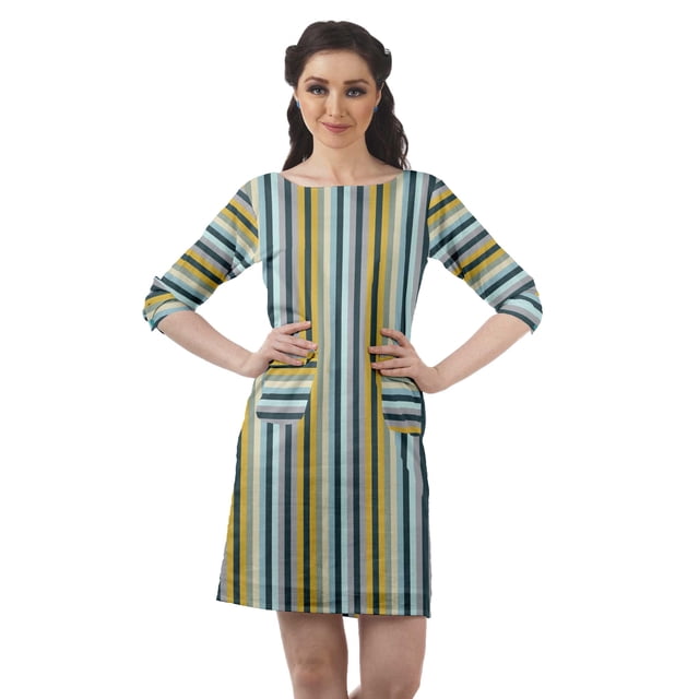 Moomaya Robes Tuniques Imprimées Femmes Fente Arrière Robe à Manches 3/4 avec Poches