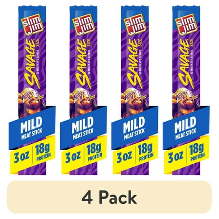 (4 pack) Slim Jim Savage Smoked Meat Sticks, Mild Flavor, High Protein, 3.0 oz.