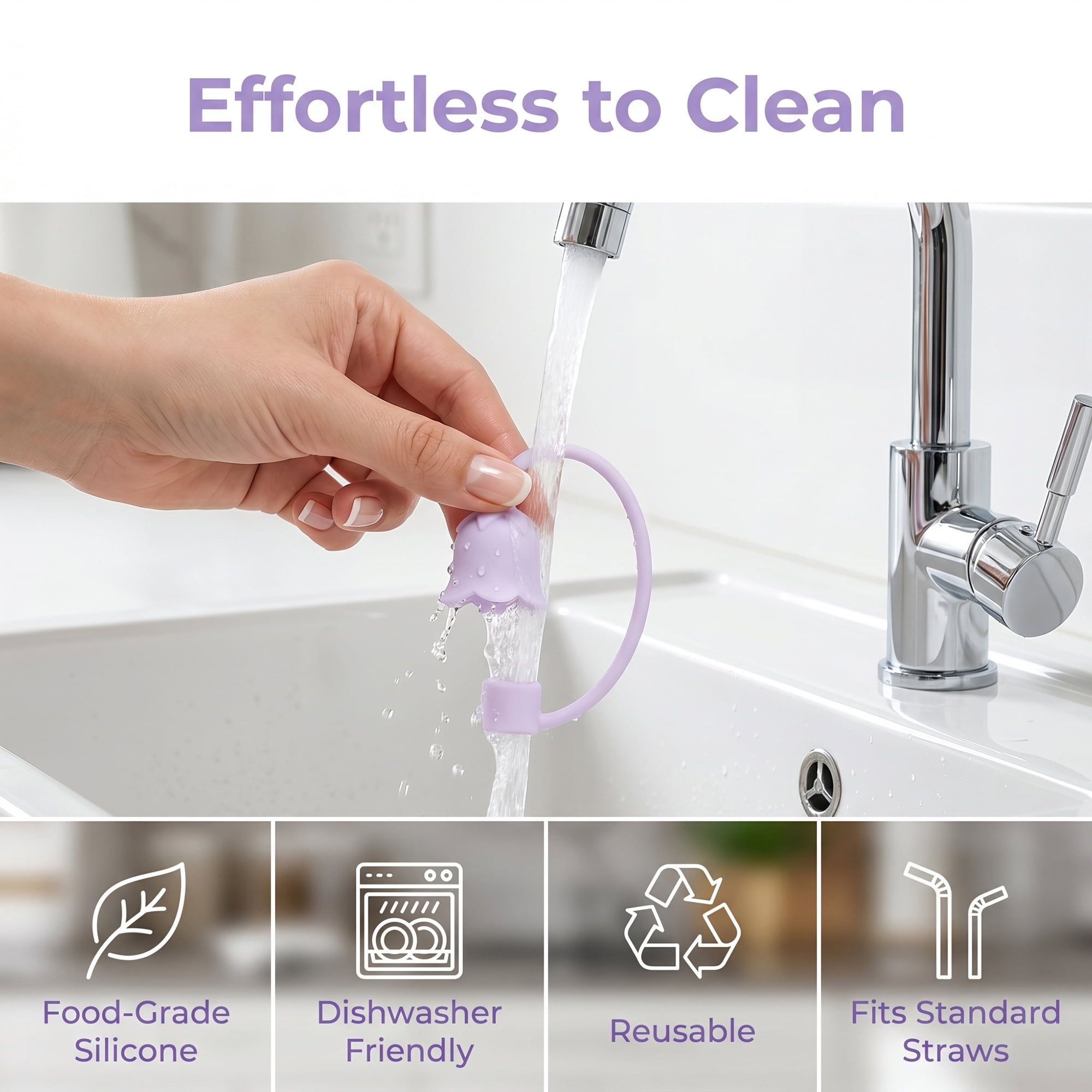 Unique Bargains Silicone Straw Caps Reusable Dust-Proof Toppers Light Purple