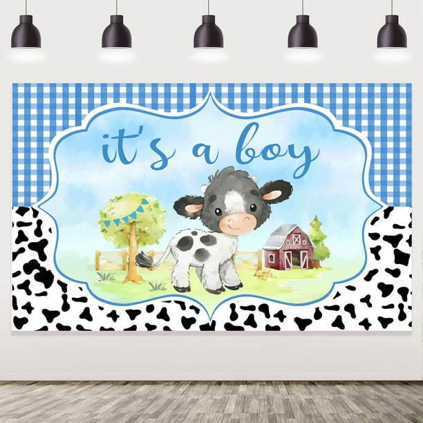Cow Baby Shower Backdrop Banner Blue Baby Shower Decorations for Boy