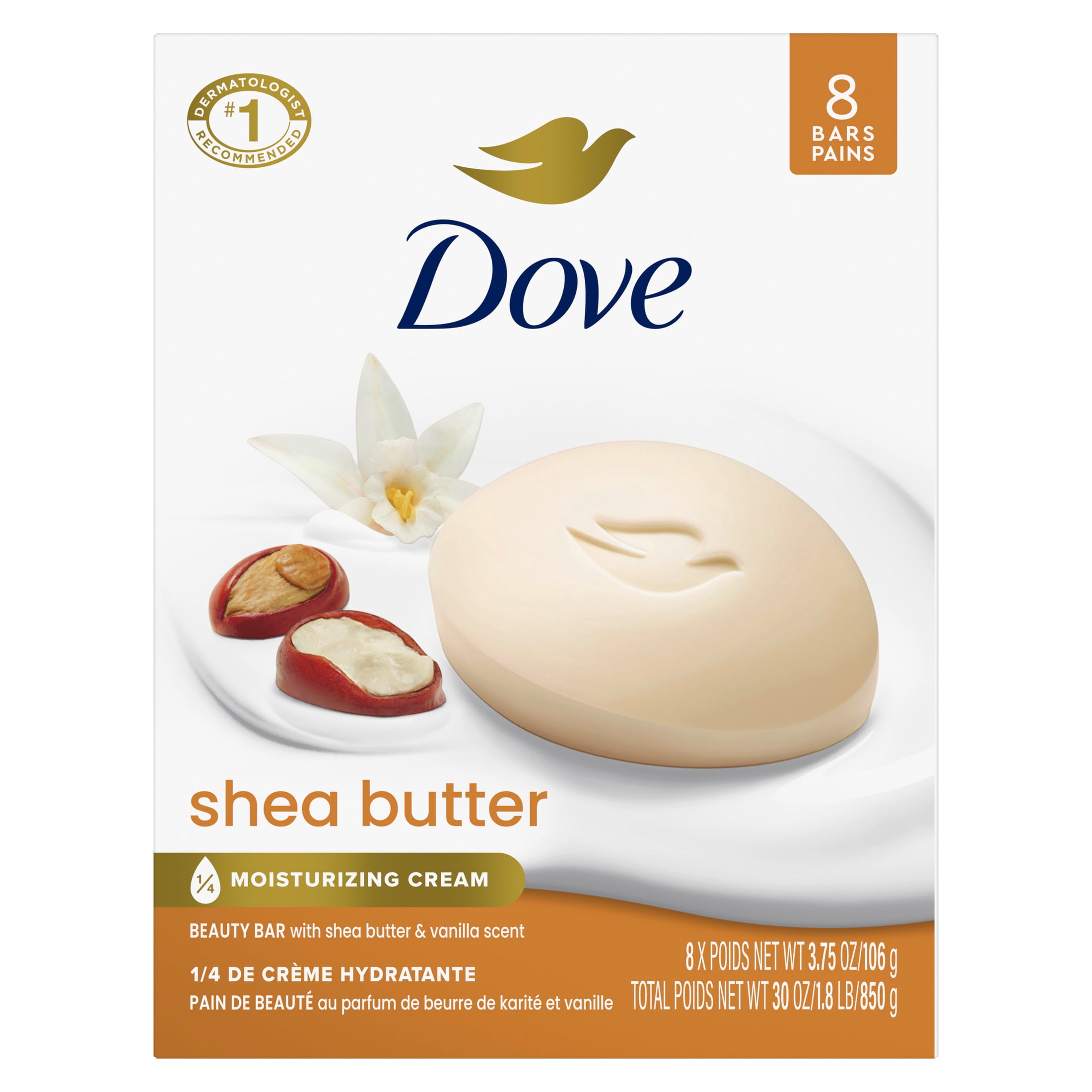 (4 pack) Dove Beauty Bar Soap For Nourished, Radiant Skin, Shea Butter, Enriches Skin, 3.75 oz 8 Bars