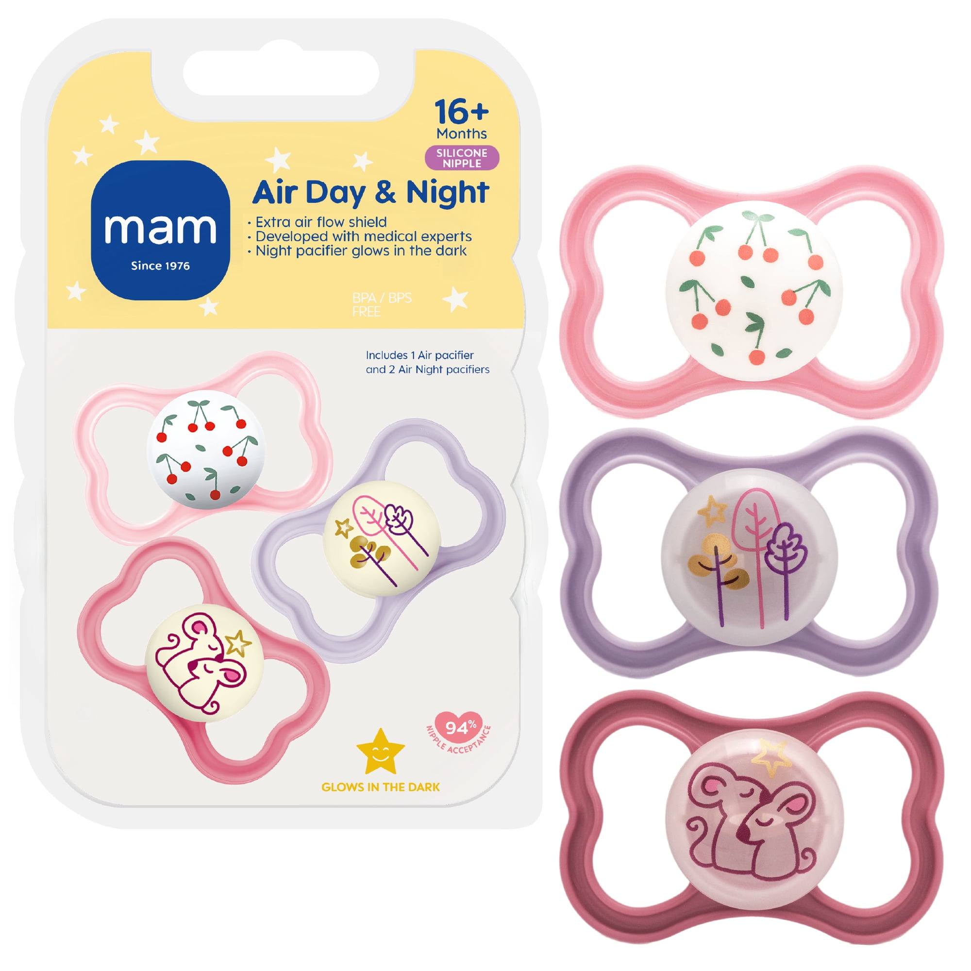 MAM Air Night & Day Baby Pacifier, For Sensitive Skin, Glows in the Dark, 3 Pack, 16+ Months, Girl