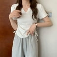 thumbnail image 3 of Mittory Women's Notch V Neck Tee Shirts Summer Short Sleeve Trendy Tops Slim Fit Side Drawstring T-hirts Basic Tunics, 3 of 5