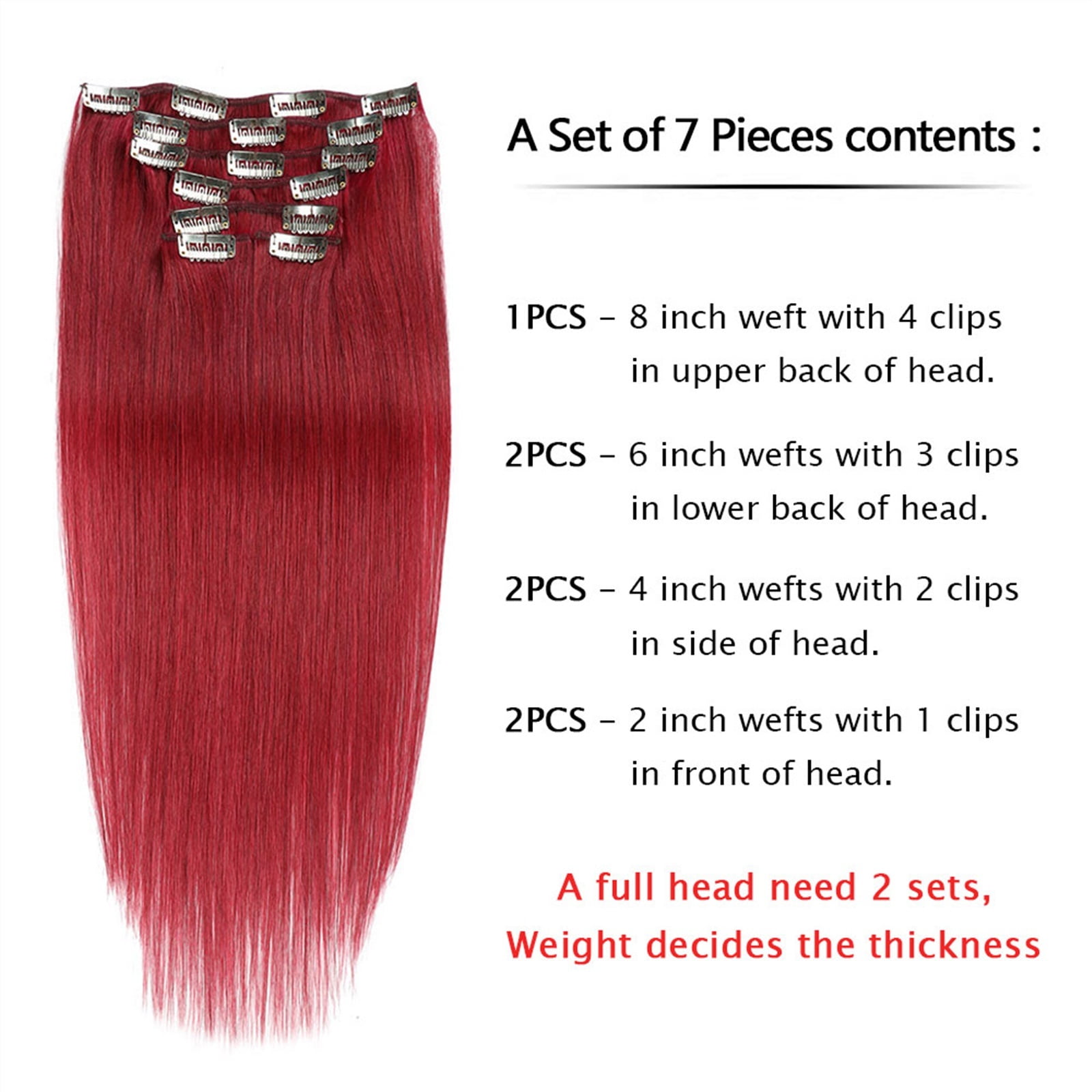 Clip In Hair Extensions Real Human Hair Pieces 7pcs Per Set Wine Red Hair Extensions 100% Remy Virgin Human Hair Clip In Extensions Double Weft Clips Straight