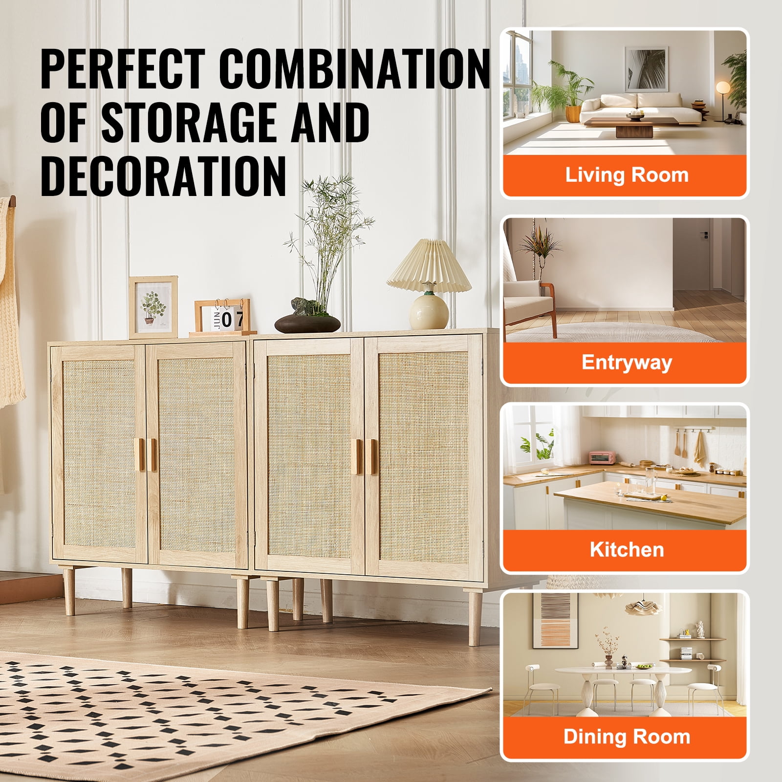 VEVOR Rattan Cabinet, Set of 2, Rattan Storage Cabinet with 4 Magnetic Doors and Adjustable Shelves, Sideboard Buffet Cabinet for Hallway, Entryway, Living Room, or Kitchen, Natural