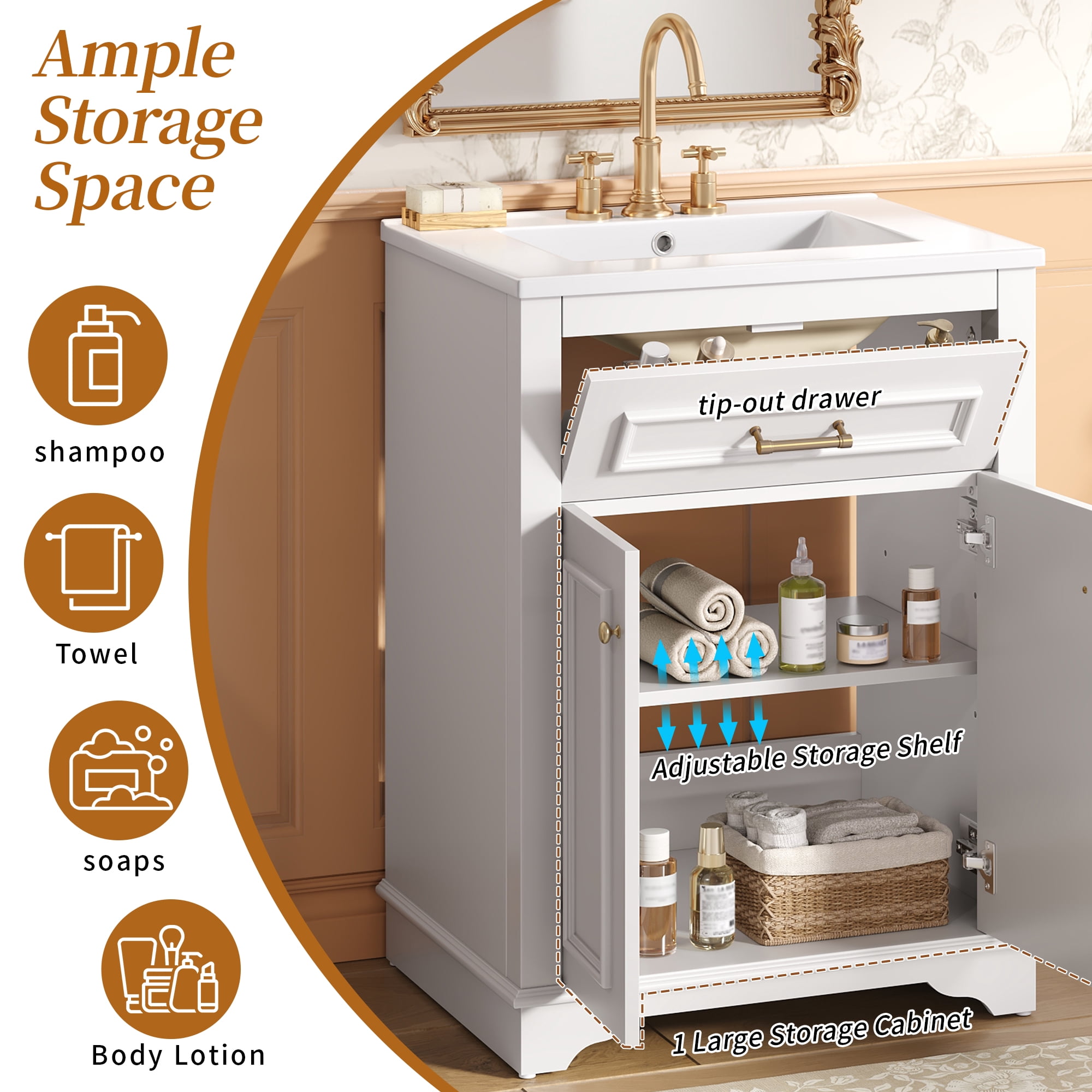Euroco 24" Bathroom Vanity with Integrated Ceramic Sink, Bathroom Cabinet with 2 Doors, 1 Tip-Out Drawer, Single Sink Bathroom Vanity for Small and Medium Restroom, White