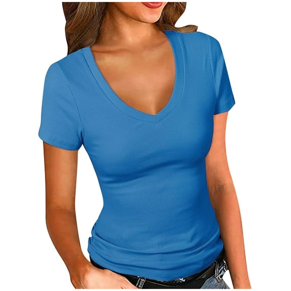 Womens Slimming Fit Summer Tops, Short Sleeve Shirts for Women Spring Casual Solid Color Slim V Neck T-Shirts Basic Tees