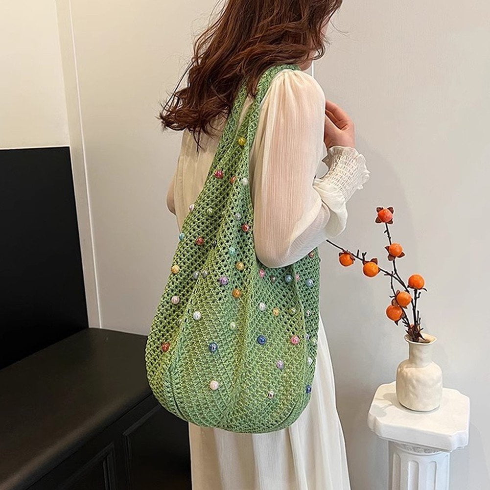 Jiibva Crochet Beach Bags Woven Travel Tote Boho Shoulder Bag Hollow Knitting Handbag Mesh Shoulder Bag Women Knitted Handbags for Holiday, Daily Work