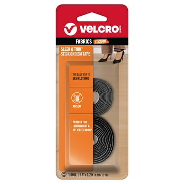 VELCRO Brand SLEEK & THIN™ - Stick On Hem Tape | No Sew Low Profile Hemming | 3ft X 1/2" Roll, Black