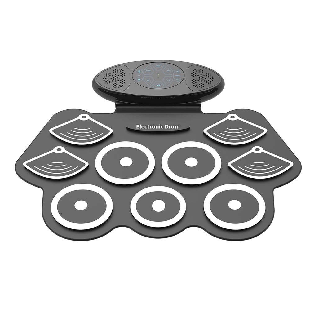 Portable Electronic Drum Set - 9 Pads Roll Up Silicone Practice Drum with Built-in 2 Stereo Speakers, Rechargeable Multifunction Tabletop Drum with Recording Function, Audio Input & MIDI Output