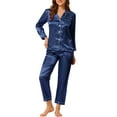 thumbnail image 5 of INSPIRE CHIC Women's Satin Lounge Set Long Sleeve Button Down Shirts with Pants Silky Pajamas XS Dark Blue, 5 of 7