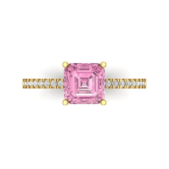 2.7 ct Cushion Cut Simulated Pink Diamond Solitaire with Simulated Diamond Accents 14K Yellow Gold Womens Engagement Ring