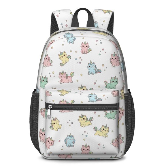 Unicorn and Cat White Pattern 17" Waterproof Oxford School Backpacks for Teens, S-Shape Padded Straps, for School, Travel, Hiking, Camping