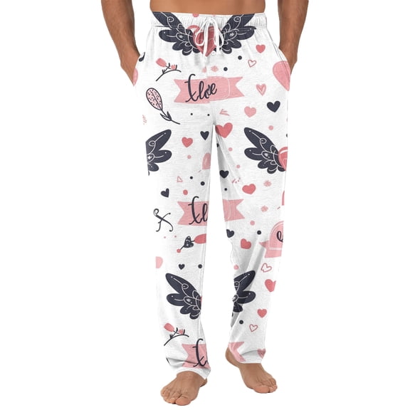 Fgvctg Mens Pajama Pants Valentine's Day Lightweight Wide Leg Sleepwear Pajama Pant Soft Love Heart Print High Waisted Pjs Spring Drawstring Lounge Pants with Pockets White S