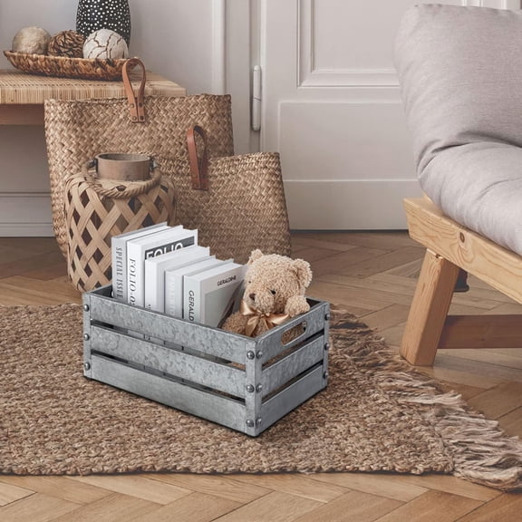 16-inch Rustic Silver Galvanized Metal Storage Crate with Vintage Studs & Handles for Home Organization