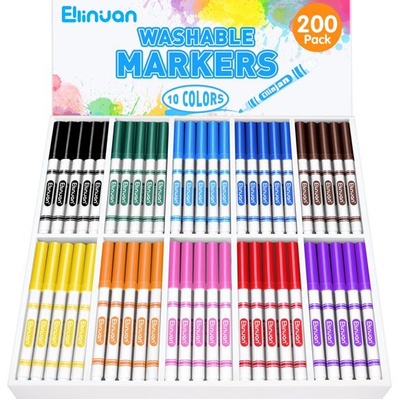 Rotuladores lavables Ellinjan, 200 unidades, a granel, 10 colores para niños