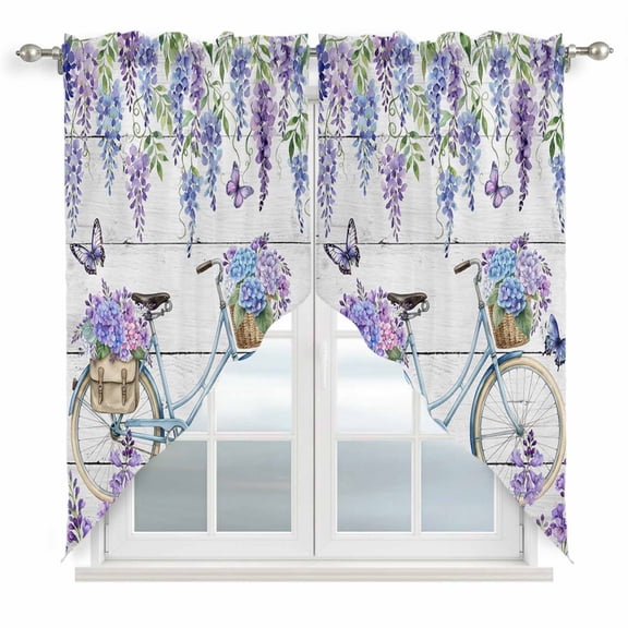 Purple Flowers Swag Valances for Windows, Kitchen Window Curtains Over Sink, Weeping Spring Floral Bicycle Wooden Window Treatment Curtains for Living Room/Bedroom Curtains 2 Panel Sets 36"x45"