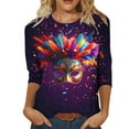thumbnail image 2 of Ounisa 2025 Womens 3/4 Sleeve Tops Mardi Gras Outfit for Women Fashion Round Neck Clothes Mardi Gras Mask Printed Color Block Blouse, 2 of 7