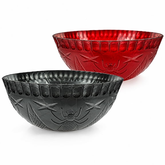 2-Pack Spider Embossed Halloween Serving Bowls, 11.1 in Translucent Red Black Polystyrene Candy Snack Server, Colors May Vary