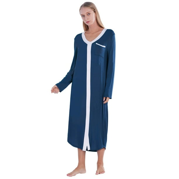 Xmarks Zipper Front Robes Long Sleeve Housecoat Long Housedress Loose