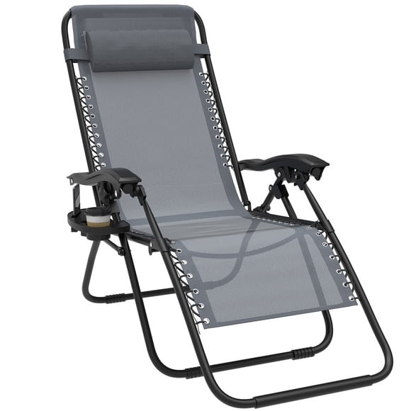 Luxvie Zero Gravity Chair Patio Adjustable Reclining Folding Chair Outdoor Lawn Lounge Chair with Cup Holder Trays and Pillows for Deck Beach Yard and Beach (Gray)