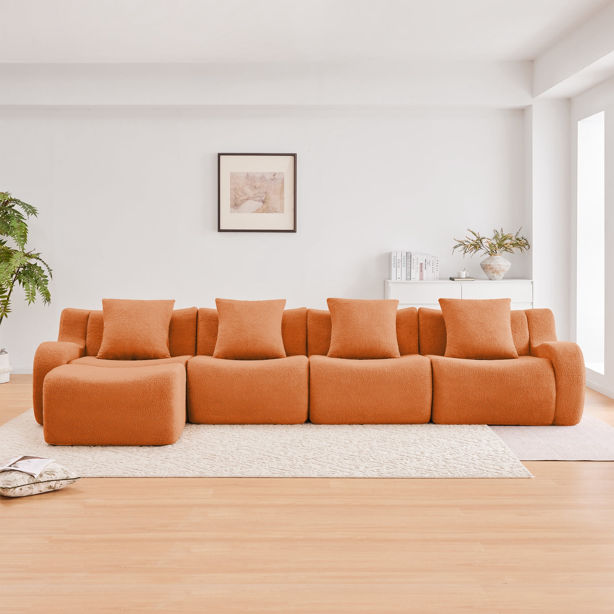 MAYEERTY 148" L-Shaped 4-Seat Teddy Fabric Boneless Sofa, Orange 300lbs/seat 32D Foam No Assembly Couch with Chaise for Living Room Study