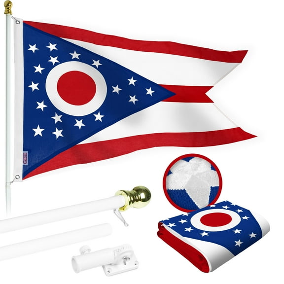 G128 Combo Pack: 5 Ft Tangle Free Aluminum Spinning Flagpole (White) & Ohio OH State Flag 2x3 Ft, StormFlyer Series Embroidered 220GSM Spun Polyester | Pole with Flag Included