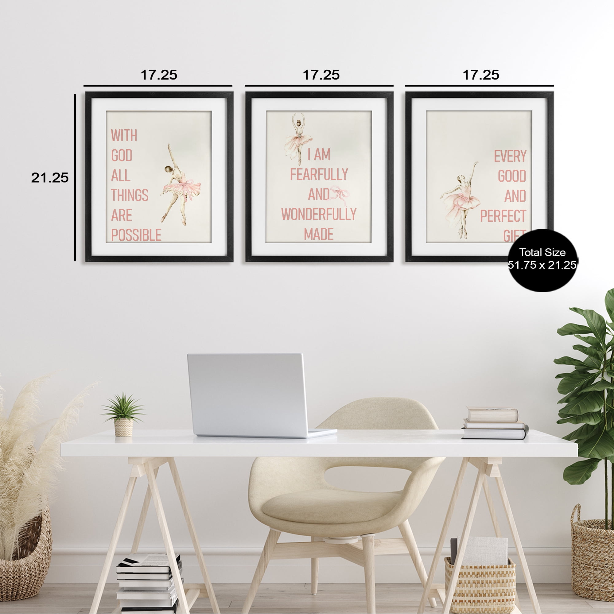 Faith Sentiments with Ballerinas 3 Piece Black Framed Print Under Glass Set, design by Kim Allen