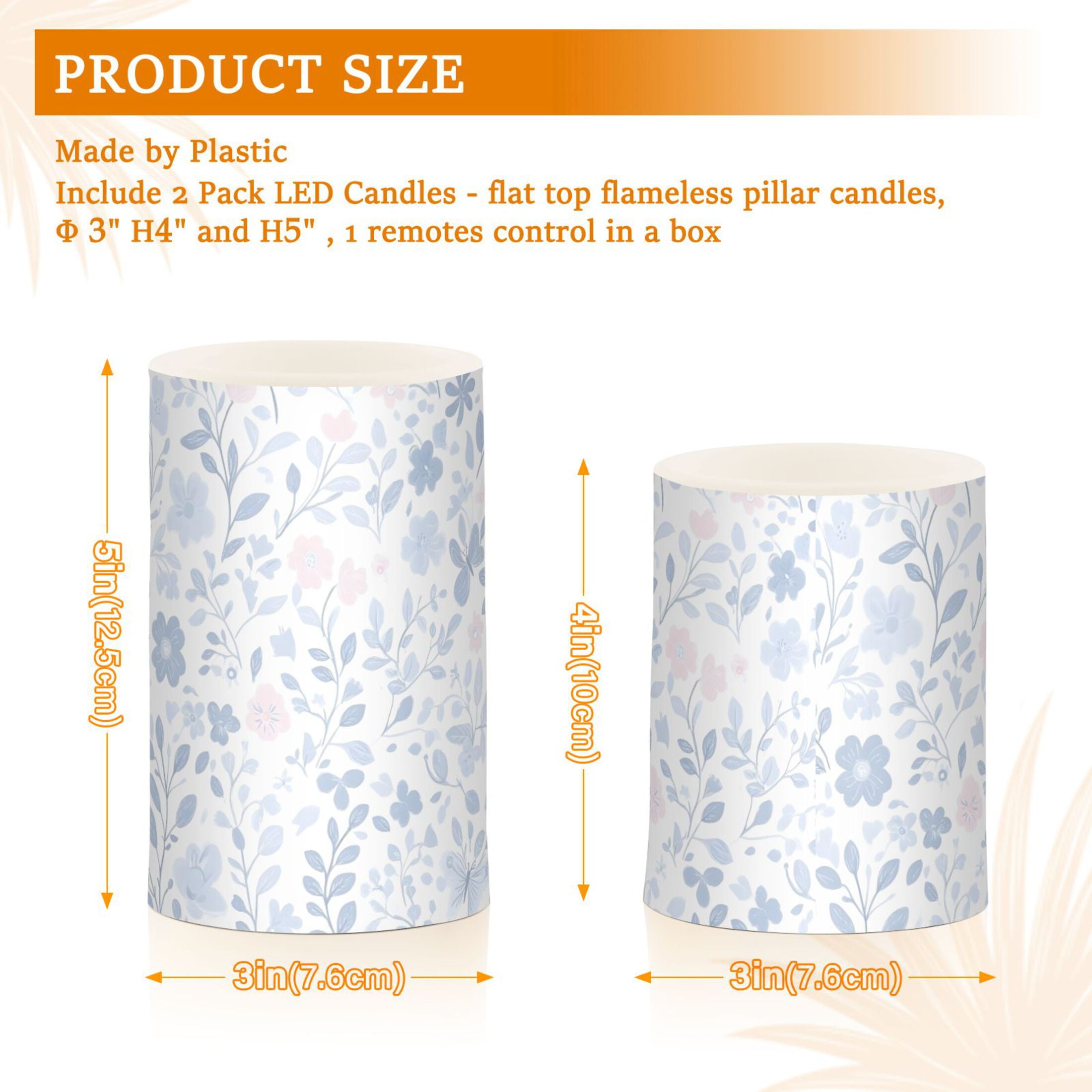 Blue Floral Pattern Flameless LED Candle Set with Remote, Battery Operated Color Changing Pillar Candles, Set of 2