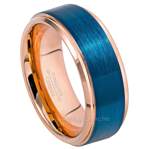 8mm Brushed 2-Tone Blue & Rose Gold IP Tungsten Carbide Wedding Band Engagement Ring Comfort Fit - #862PLs7.5