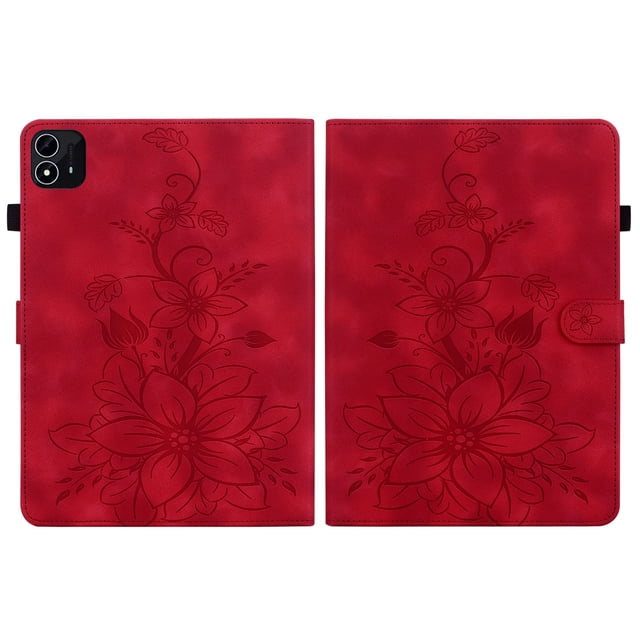 FJLBDE Étui pour Itel Pad 1 10.1 Pouces, Portefeuille Folio à Rabat en Cuir PU à Motif Floral Embossé avec Support, Rouge