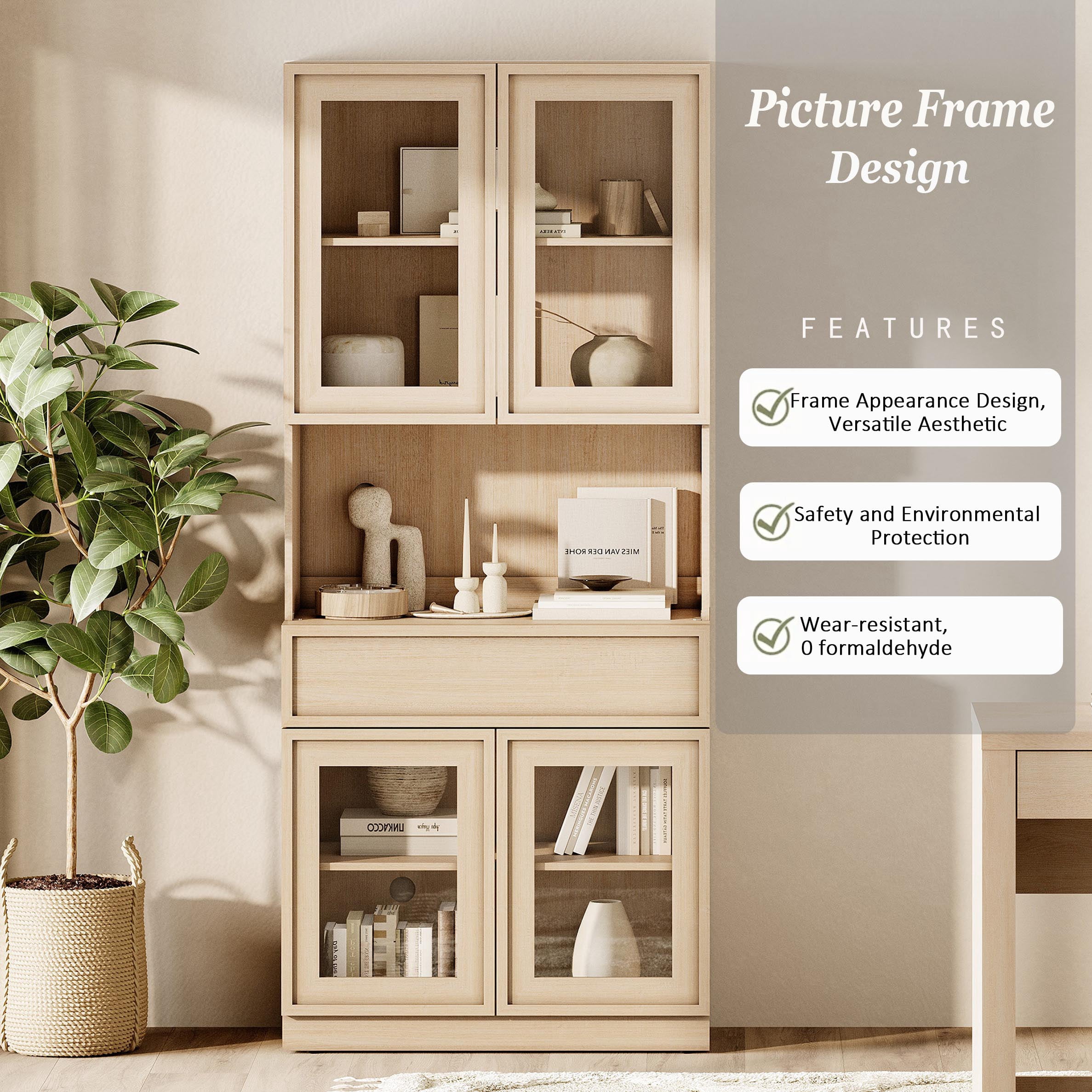 Modern 72"Tall Sideboard, Wood Buffet Display Cabinet with Glass Doors, Drawers and Adjustable Shelves, Multi-Layer Storage Console for Dining Room,Living Room,Entryway,Beige