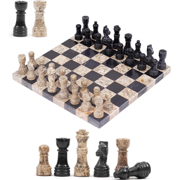 Radicaln Marble Chess Set 10 inch Black and Coral Handmade Stone Chess Board Game with 32 Pieces & 2 Extra Queens, Travel Chess Set for Adults, Decorative Classic Strategy Game