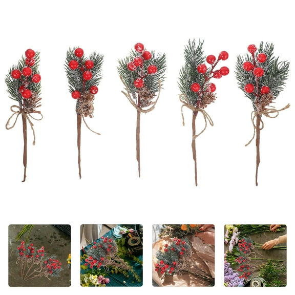 MLINS Artificial Berry Branches for Home Decoration with Red Berries and Pine Cones 5 Pieces