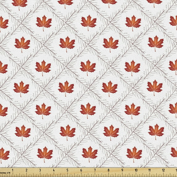 Leaves Fabric by the Yard, Repetitive Diagonal Squares Rhombus Style Fall Foliage Illustration, Decorative Upholstery Fabric for Chairs & Home Accents, White and Pale Vermilion by Ambesonne