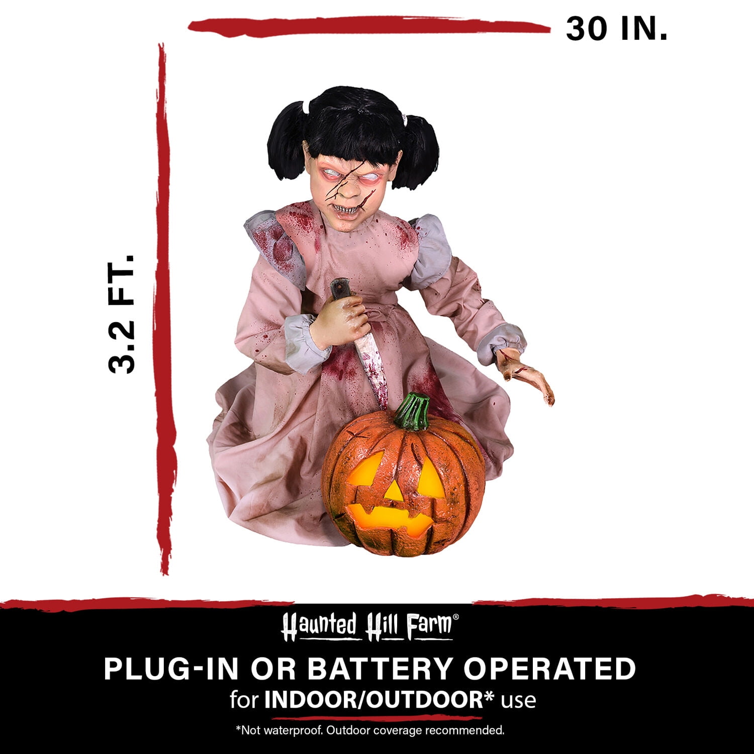 Lunging Pumpkin Carver Zombie Girl with Jack O'Lantern by Tekky,  3.2 ft Premium Talking Halloween Animatronic, HHPMPCVR-FLSA